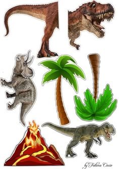 various dinosaurs and palm trees on a white background