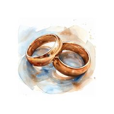 two gold wedding rings sitting on top of a blue and white watercolor painting background