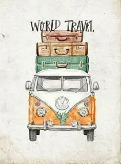 an orange vw bus with luggage stacked on it's roof and the words world travel