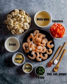 the ingredients to make dumplings are shown in bowls