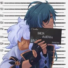 an anime character with blue hair holding up a sign