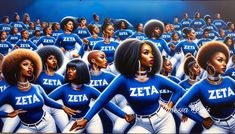 a group of women in blue and white uniforms with the word zeta on them