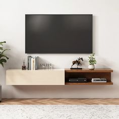 a flat screen tv mounted to the side of a wall next to a potted plant