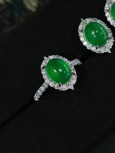 High end lush green Brazilian icy chrysoprase jewelry set. close resemblance to high end jadeite jade, imperial jadeite main stone: 5A high glow Lush green chrome chrysoprase.   side stone: 6A diamond stimulant with genuine diamond coating metal: 18K white gold 5X plated solid S925 sterling silver, double seal the bottoms of the stone to enhance its glow and thickness.  earrings setting size: 17x11.5mm Weight: 2.8g/ each  ring setting size: 17x11.5mm Weight: 4.8g Exquisite Green Jade Jewelry, Fine Jewelry: Jade Cabochon, Fine Jade Jewelry With Cabochon, Fine Jewelry Chrysoprase For Formal Occasions, Formal Chrysoprase Fine Jewelry, Formal Fine Jewelry With Chrysoprase, Fine Jewelry Green Chrysoprase, Oval Cabochon Jade Gemstone Jewelry, Fine Jewelry Oval Jade