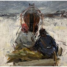 an oil painting of two people sitting on a bench looking at the snow covered ground