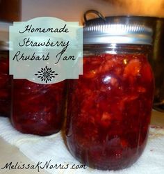 homemade strawberry rhubarb jam in a glass jar with a label on it