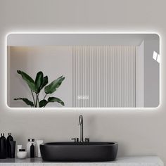 a bathroom sink sitting under a mirror next to a counter top with a potted plant