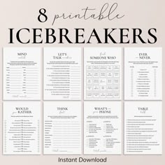 the 8 printable icebreakerrs are shown in black and white, with text overlay