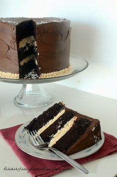 a slice of chocolate cake on a plate with a fork