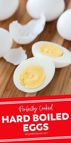 hard boiled eggs on a cutting board with text overlay reading perfectly cooked hard boiled eggs