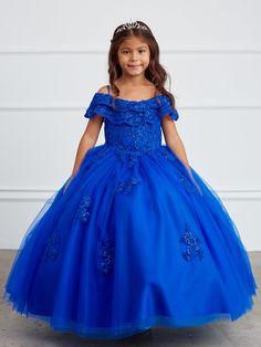 Off The Shoulder Communion Flower Girl Pageant Floral Lace Dress Sky Blue Ball Gown, Quinceanera Royal Blue, Royal Blue Ball Gown, Blue Ball Gown, Applique Skirt, Girls Ball Gown, Girls Communion Dresses, White Ball Gowns, Blue Ball Gowns