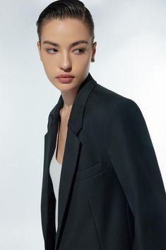 This premium blazer boasts a sophisticated straight notch lapel design, made with luxurious polycotton fabric for a refined and tasteful look. Elevate any outfit with the exclusive and elegant style of the blazer. Timeless Blazer With Lapel Collar And Hidden Button Closure, Sleek Formal Outerwear With Notched Shape, Classic Blazer Dress With Welt Pockets, Sleek Notched Outerwear For Formal Occasions, Tailored Structured Blazer Dress For Business Casual, Sleek Single-breasted Business Blazer Dress, Sleek Single Breasted Blazer Dress For Business, Sleek Single-breasted Blazer Dress For Business, Classic Long Sleeve Blazer Dress With Pressed Crease