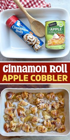 cinnamon roll apple cobbler recipe in a casserole dish with apples and cinnamon rolls