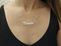 925 Sterling Silver - Nameplate Necklace - Custom Name Chain - Name Necklace Silver - Handwriting Font - Natalie . . . . . . . . . . . . . . . . . . . . . . . . . . . . . . . . . . . . . . . . . . . . . . . . . . . . . . . . . Looking for a thoughtful gift for your loved one? You will love this high quality 925 Sterling Silver nameplate necklace. This is a perfect gift for your girlfriend or wife. Personalize it with her name in a beautiful font. This lovely 925 sterling silver nameplate necklac Classic Silver Hallmarked Name Necklace, Silver Nameplate Necklace For Everyday, Personalized Silver Name Necklace Hallmarked, Everyday Silver Nameplate Necklace, Personalized Silver Hallmarked Name Necklace, Silver Pendant Necklace With Names, Silver Name Pendant Necklace, Silver Name Necklace With Hallmarks For Mother's Day, Silver Name Necklace For Everyday Wear