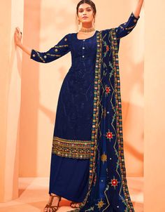 Navy Blue Georgette Palazzo Salwar Suits Navy Blue Kashmiri Sequence Work:Arabic Attire #blackshalwarkameezforladies #trendingsuits #stitchingsalwarkameez #indiansalwarsuitsonline #simplesuits #traditionalsalwarkameez #suitnewfashion #salwarsuitonlineusa #suitsforwomenonline #simpleshalwarkameez #ladieski #salwarkameezonlineshopping #designsuits #designersuitswithprice #designersuitwithprice #differenttypesofsuitsdesign Royal Blue Sharara With Pallu For Party, Royal Blue Fitted Sharara For Diwali, Blue Georgette Dress With Mirror Work, Fitted Bollywood Sharara In Royal Blue, Fitted Bollywood Style Royal Blue Sharara, Bollywood Style Fitted Royal Blue Sharara, Fitted Royal Blue Bollywood Sharara, Royal Blue Festive Sets, Semi-stitched Royal Blue Georgette Sets