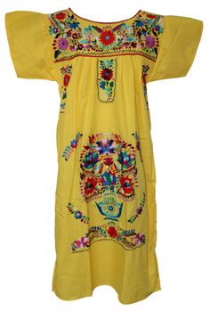 "Women's Traditional Mexican Dress - Yellow - Beautiful embroidery - Handmade - Fiesta attire - Poly/Cotton Blend Measurements: Small: Bust: 32-34\" -- Length: 43\" Medium: Bust: 34-36\" -- Length: 44\" Large: Bust: 40-42\" -- Length: 45\" X-Large: Bust: 44-46\" -- Length: 45\" 2XL: Bust: 48-50\" -- Length: 46\" 3XL: Bust: 54-56\" -- Length: 48\" 4XL: Bust: 57-58\" -- Length: 48\" NOTE: Due to the handmade nature of these dresses, the embroidery may vary from dress to dress since each is individ Yellow Floral Embroidered Dress, Traditional Yellow Dress With Embroidered Border, Yellow Bohemian Dress With Floral Embroidery, Traditional Yellow Floral Embroidered Dress, Traditional Yellow Embroidered Dress For Spring, Traditional Yellow Embroidered Dress With Floral Design, Yellow Embroidered Folk Dress, Traditional Yellow Embroidered Dress With Floral Embroidery, Yellow Embroidered Summer Dress