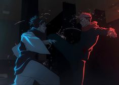 two anime characters standing next to each other in front of a red and blue light