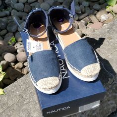 Nautical Nautica Ladies Twine Blue Strap Sandals Sz:8.5 Never Worn Still New With Tags. Comes In Orig Box. Navy Casual Open Toe Sandals, Casual Navy Open Toe Sandals, Navy Sandals For Summer Beach Season, Navy Synthetic Casual Sandals, Casual Navy Sandals With Cushioned Footbed, Navy Casual Synthetic Sandals, Casual Navy Synthetic Sandals, Navy Flat Sandals For Summer, Navy Sandals For Beach And Spring Season