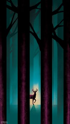 a deer is standing in the middle of a forest with tall trees and purple curtains