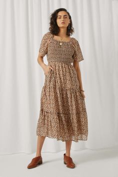 Modest Square Neck Dress, Smocked Midi Dress, Wedding Guest Midi Dresses, Photoshoot Style, Style Moodboard, Thanksgiving Dress, Midi Dress Fall, Pleated Skirt Dress, Puff Sleeve Midi Dress