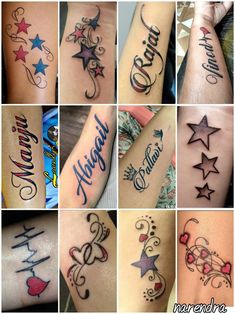 many different types of tattoos on the arms and legs, all in different styles with names