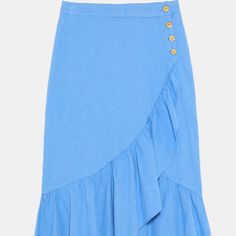 Super Cute Linen Skirt From Zara Size S Chic Blue Lined Wrap Skirt, Chic Blue Asymmetrical Skirt, Chic Asymmetrical Blue Skirt, Blue Ruffled Midi Skirt, Blue Tiered Wrap Skirt For Spring, Blue Flared Wrap Skirt For Spring, Bridesmaid Dresses Ideas, Skirt With Buttons, Stylish Skirts