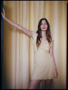 Erin Golden | Yellow Silk Mini Dress | Réalisation People We Meet On Vacation, Closet Organized, Drape Sleeves, Yellow Silk, Clothes Wishlist, Yellow Lace, Lace Patchwork, Silk Mini Dress, Style Skirt