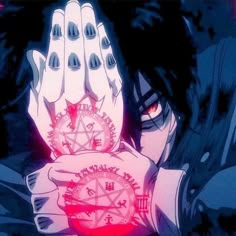 an anime character holding his hand over his face with the devil's eye on it