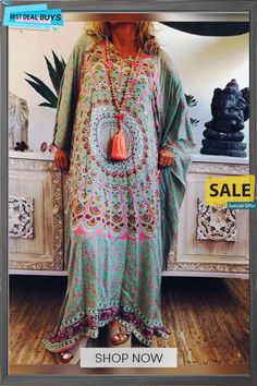 Women Casual Loose Top Tunic Maxi Dress Green Boho Print Maxi Dress For Spring, Multicolor Free Size Boho Dress For Spring, Spring Boho Dress In Multicolor Free Size, Multicolor Long Boho Dress With Printed Details, Spring Multicolor Free Size Boho Dress, Green Bohemian Printed Maxi Dress, Green Bohemian Maxi Dress With Print, Loose Maxi Dress For Spring Beach Outings, Green Floral Print Maxi Dress For Festivals