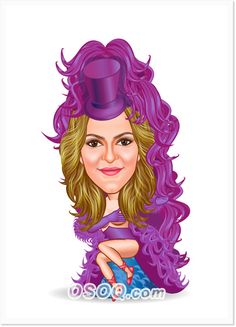 a caricature of a woman with purple hair and a hat on her head