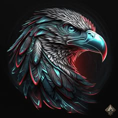 an eagle's head with red, white and blue feathers on it in front of a black background