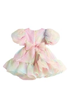 Keep your kid looking adorable in this rainbow organza dress fashioned in a flared silhouette with marshmallowy puff sleeves and a pretty back bow. Hidden back-zip closure Cotton lining 100% polyester Machine wash, dry flat Imported Cute Puff Sleeve Dress With Ruffles For Party, Multicolor Princess Dress For Easter Party, Fitted Multicolor Princess Dress With Ruffles, Easter Party Multicolor Princess Dress, Fitted Multicolor Puff Sleeve Dress With Ruffles, Easter Princess Dress With Ruffles For Party, Easter Party Princess Dress With Ruffles, Sweet Easter Party Dress, Sweet Easter Party Dresses