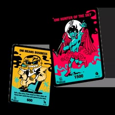 two playing cards one with an image of a demon and the other with a devil on it