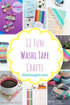 twelve fun washi tape crafts with text overlay that reads, 12 fun washi tape crafts