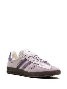 Adidas x Kith Classics Gazelle Indoor "Ash Purple" Sneakers - Farfetch Lavender Sneakers Outfit, Purple Leather Sneakers With Gum Sole, Purple Adidas Shoes, Adidas Shoes Purple, Purple Suede Sneakers With Round Toe, Adidas Gazelle Purple, Purple Low-top Sneakers With Gum Sole, Purple Lace-up Sneakers With Gum Sole, Purple Leather Adidas Sneakers