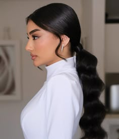 Bridal Low Pony with Softt Waves Low Ponies Hairstyles, Low Wedding Ponytail, Black Tie Event Hair, Bridal Low Ponytail, Wave Wedding Hair, Low Ponytail Styles, Hollywood Wedding Hair, Low Pony Hairstyles, Black Hair Ponytail