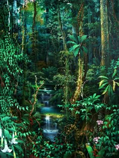 a painting of a forest with lots of trees and plants on the side of it