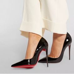 The So Kate Iconic Pump With Timeless Elegance Brilliantly Combines Discretion And Sophistication. Its All Black Patent Calfskin Features A Sculpted Upper That Extends Its Lines To The Iconic Bold Cut. It Sits Easy Atop A Slender 120 Mm Heel To Give You Confidence, Underlining Maison Christian Louboutin Know-How. Patent Leather Upper * Point Toe * Leather Lining * Signature Red Leather Sole * Padded Insole * Made In Italy Size * Runs Small, Order One Size Up * Self-Covered Heel, 4.75" (120mm) High-end Black Pointed Toe Heels, Louboutin Heels Outfit, Kate Louboutin, So Kate Louboutin, Dream Heels, Louboutin Pigalle, Louboutin So Kate, Shoes Heels Classy, Streets Of London