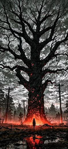 a person standing in front of a large tree with red light coming from its trunk