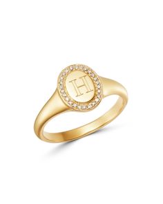 Zoe Lev 14K Yellow Gold Diamond Initial Signet Ring - H/Gold Classic Diamond Initial Ring With Monogram, Classic Diamond Monogram Initial Ring, Luxury 14k Gold Initial Ring With Diamond Accents, Classic Diamond Monogram Rings, Classic Monogram Diamond Rings, Luxury Yellow Gold Initial Ring With Diamond Accents, Classic Diamond Signet Ring With Initials, Luxury White Gold Initial Ring With Diamond Accents, Oval Initial Ring With Diamond Accents For Promise