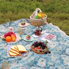 a picnic blanket on the grass with plates, fruit and cheeses laid out on it