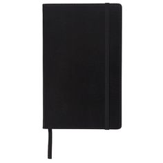 a black notebook on a white background with a pen in the front and bottom corner