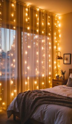 a bed sitting under a window covered in lights