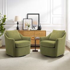 two green chairs sitting next to each other on top of a white carpeted floor