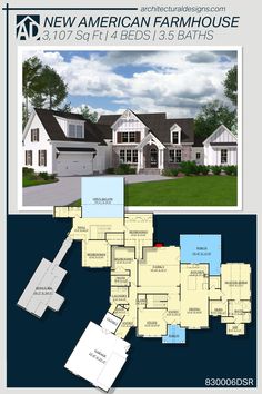 the new american farmhouse house plan is shown in blue and white, with an open floor plan