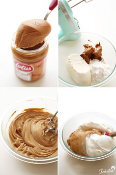 four pictures showing how to make peanut butter