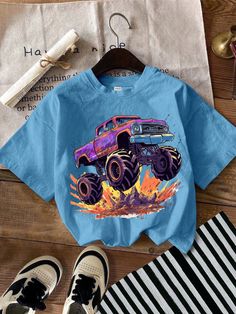 Young Boy Casual Short Sleeve Round Neck T-Shirt, Suitable For Summer Dusty Blue Casual  Short Sleeve Knitted Fabric Animal,Car,Cartoon,Letter  Slight Stretch  Young Boys Clothing, size features are:Bust: ,Length: ,Sleeve Length: Cartoon Letters, Fabric Animals, Car Cartoon, Boys Top, Boys Casual, Boys Clothing, Boys T Shirts, Dusty Blue, Fashion Online Shop