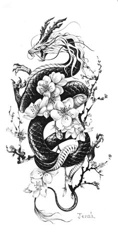 a black and white drawing of a dragon with flowers