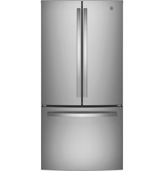 a stainless steel refrigerator freezer with two doors and one door on the side, in front of a white background