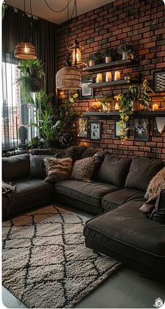 a living room filled with lots of furniture and plants on the wall above it's windows